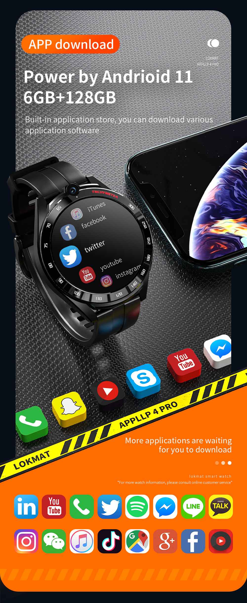 LOKMAT APPLLP 4 PRO Android 11 Smartwatch with 6GB RAM 128GB ROM 1.6'' TFT Screen Fitness Tracker Watch Phone with Power Bank
