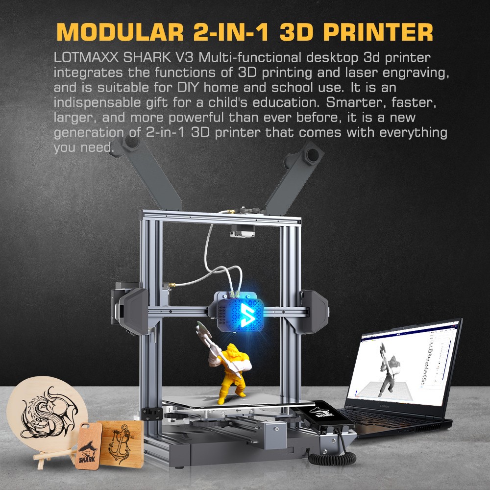 LOTMAXX Shark V3 3D Printer Laser Engraver, Auto Leveling, Dual Extruder, Dual-Color Printing, Glass Build Plate, 235*235*265mm - Grey