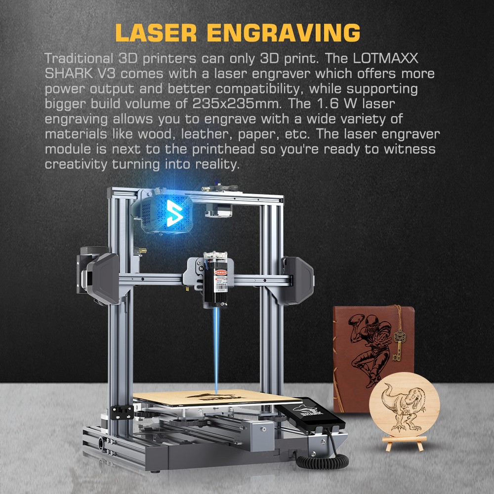 LOTMAXX Shark V3 3D Printer Laser Engraver, Auto Leveling, Dual Extruder, Dual-Color Printing, Glass Build Plate, 235*235*265mm - Grey