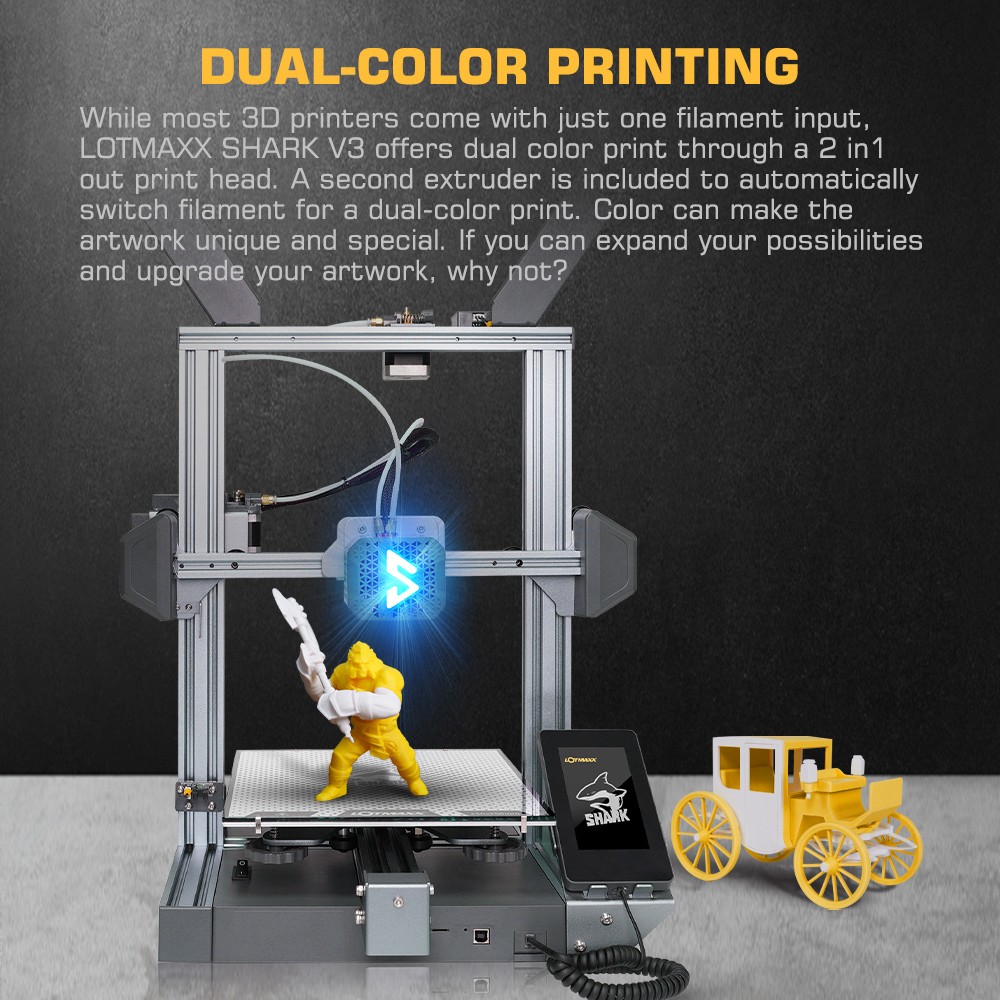 LOTMAXX Shark V3 3D Printer Laser Engraver, Auto Leveling, Dual Extruder, Dual-Color Printing, Glass Build Plate, 235*235*265mm - Grey