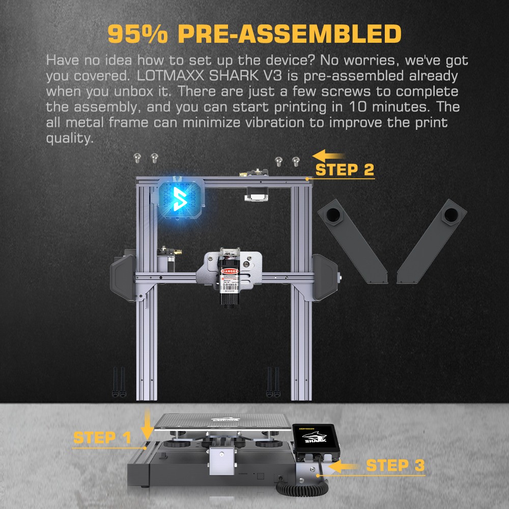 LOTMAXX Shark V3 3D Printer Laser Engraver, Auto Leveling, Dual Extruder, Dual-Color Printing, Glass Build Plate, 235*235*265mm - Grey