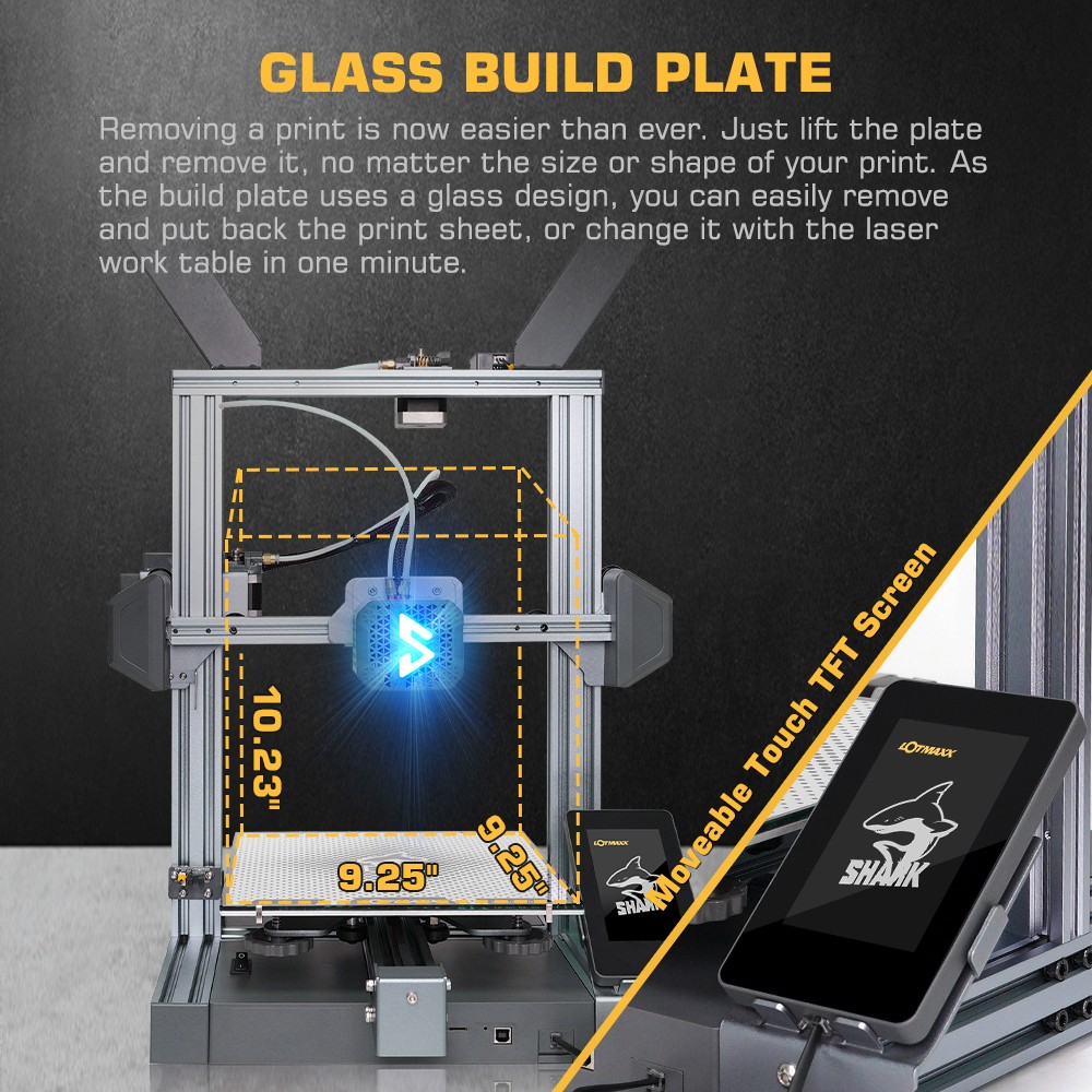 LOTMAXX Shark V3 3D Printer Laser Engraver, Auto Leveling, Dual Extruder, Dual-Color Printing, Glass Build Plate, 235*235*265mm - Grey