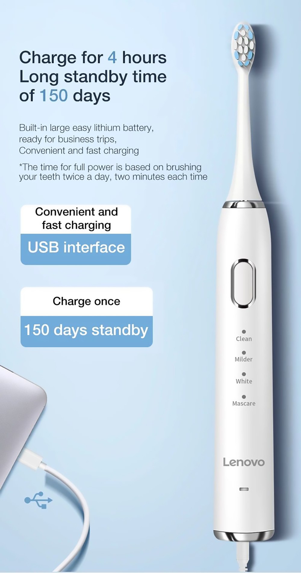 Lenovo B002 Electric Toothbrush USB Charging Waterproof Removing Dental Plaque, Teeth Sonic, 12 Cleaning Modes - Black