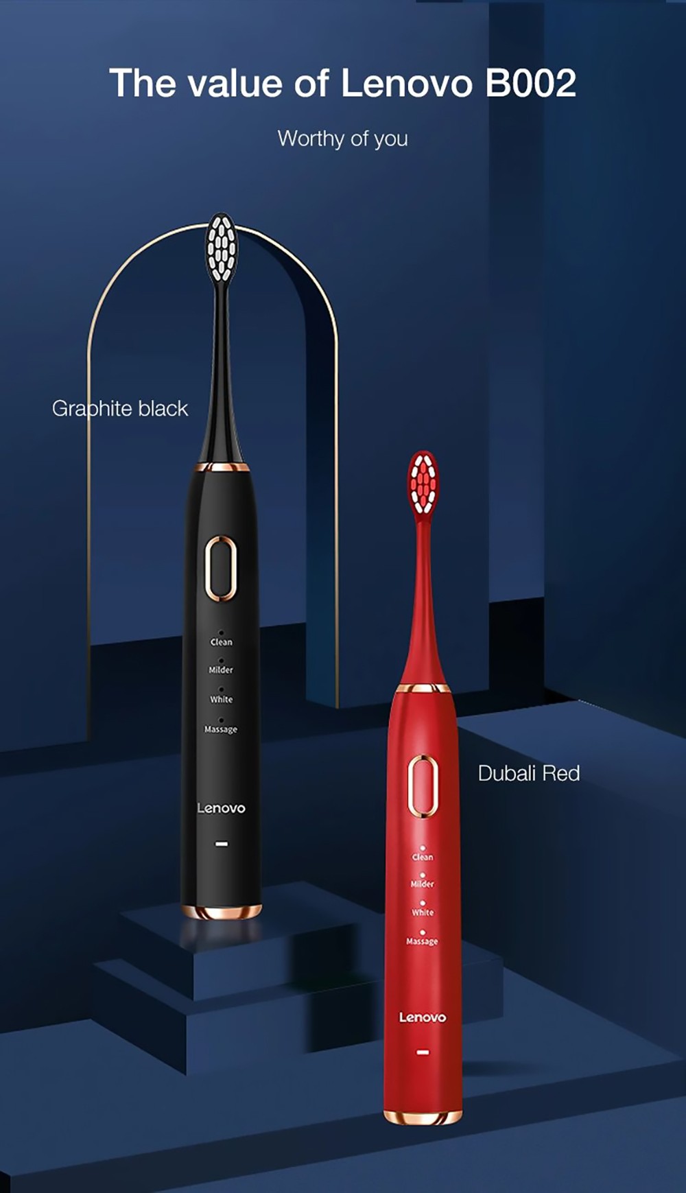 Lenovo B002 Electric Toothbrush USB Charging Waterproof Removing Dental Plaque, Teeth Sonic, 12 Cleaning Modes - Black