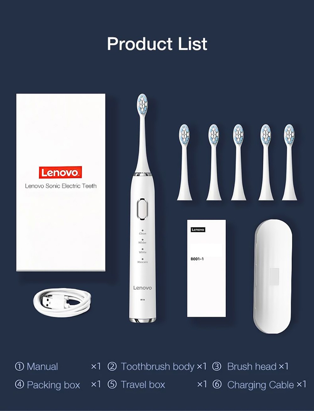 Lenovo B002 Electric Toothbrush USB Charging Waterproof Removing Dental Plaque, Teeth Sonic, 12 Cleaning Modes - Black