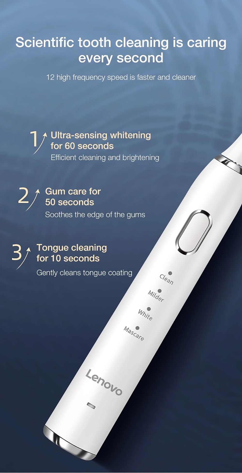 Lenovo B002 Electric Toothbrush USB Charging Waterproof Removing Dental Plaque, Teeth Sonic, 12 Cleaning Modes - Black