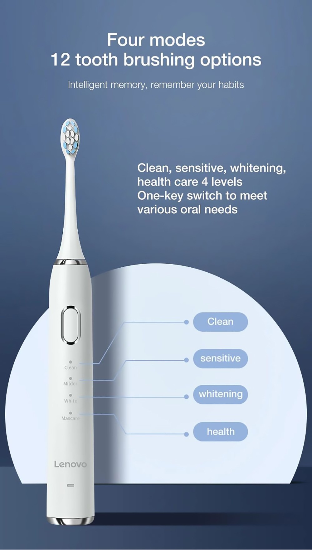 Lenovo B002 Electric Toothbrush USB Charging Waterproof Removing Dental Plaque, Teeth Sonic, 12 Cleaning Modes - Black