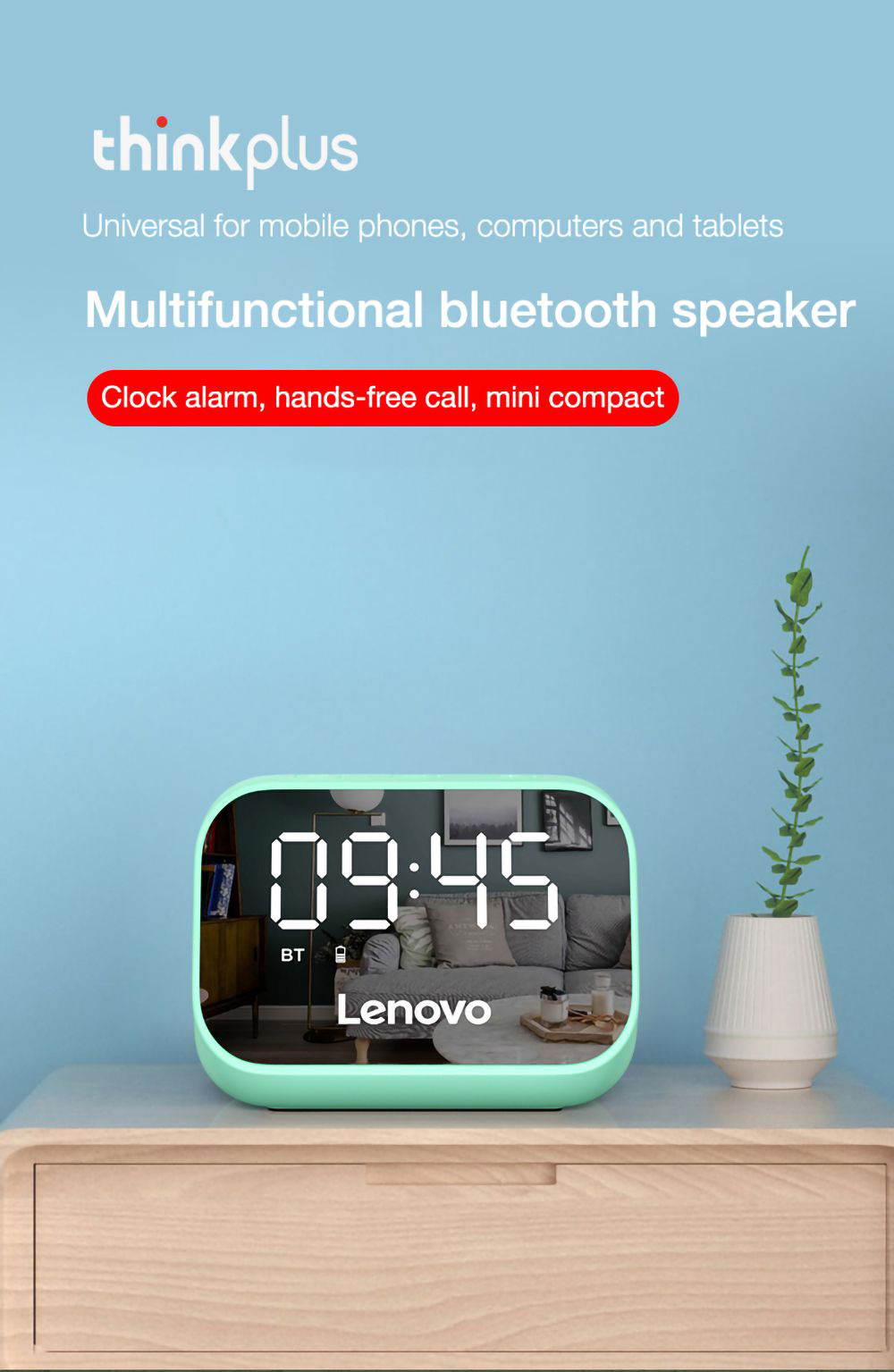 Lenovo TS13 Desktop Speaker Alarm Clock Wireless Bluetooth Stereo Speaker 1500mAh Battery Mirror Digital Display - White