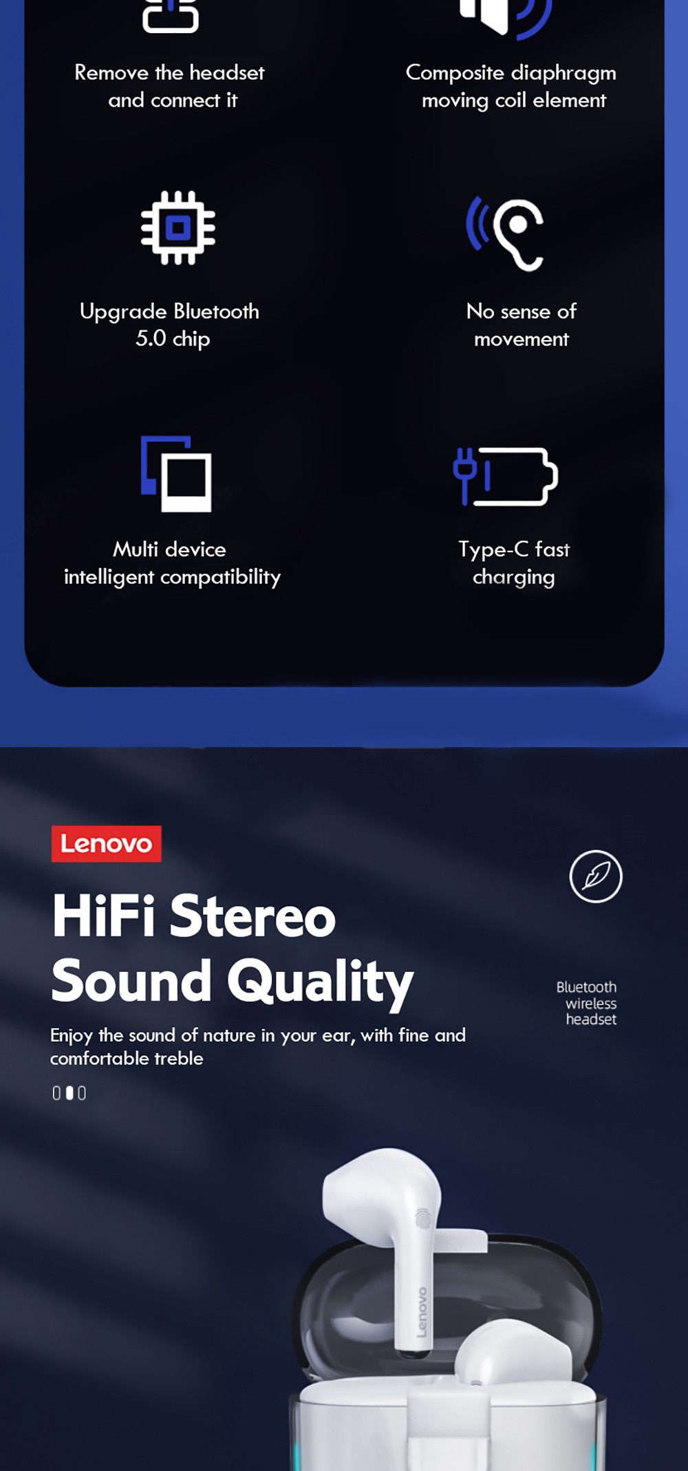 Lenovo Thinkplus LP12 TWS Headphones HiFi Stereo Touch Bluetooth Earphone Noise Canceling Earbuds With Dual Mic - Black