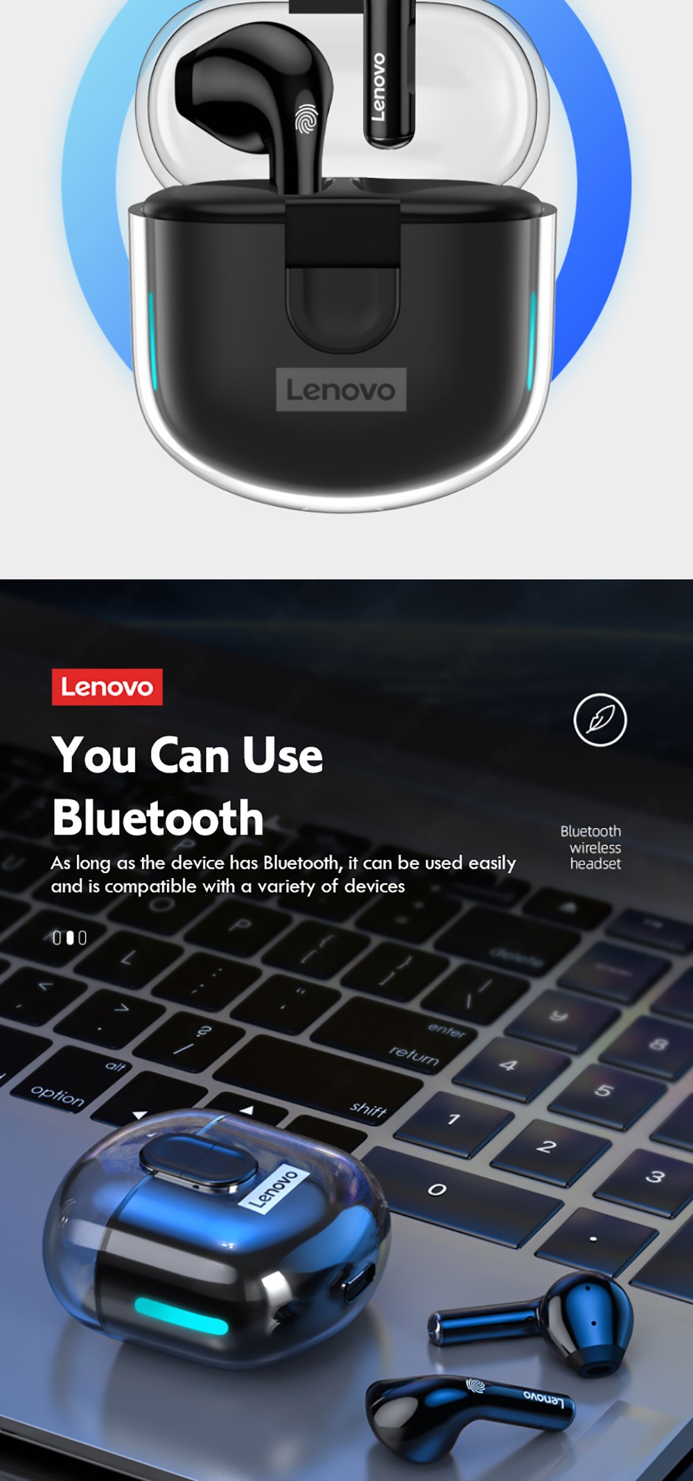 Lenovo Thinkplus LP12 TWS Headphones HiFi Stereo Touch Bluetooth Earphone Noise Canceling Earbuds With Dual Mic - Black