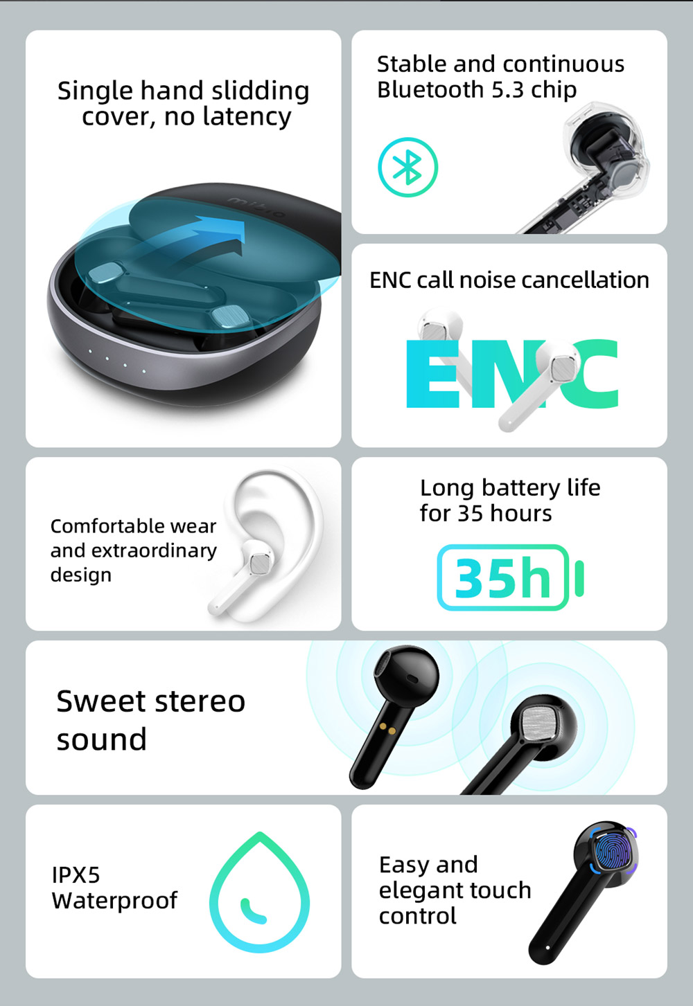 Mibro S1 TWS Headphones Stereo BT5.3 600mAh Long Battery Life ENC Call Noise Cancellation Touch Control - White