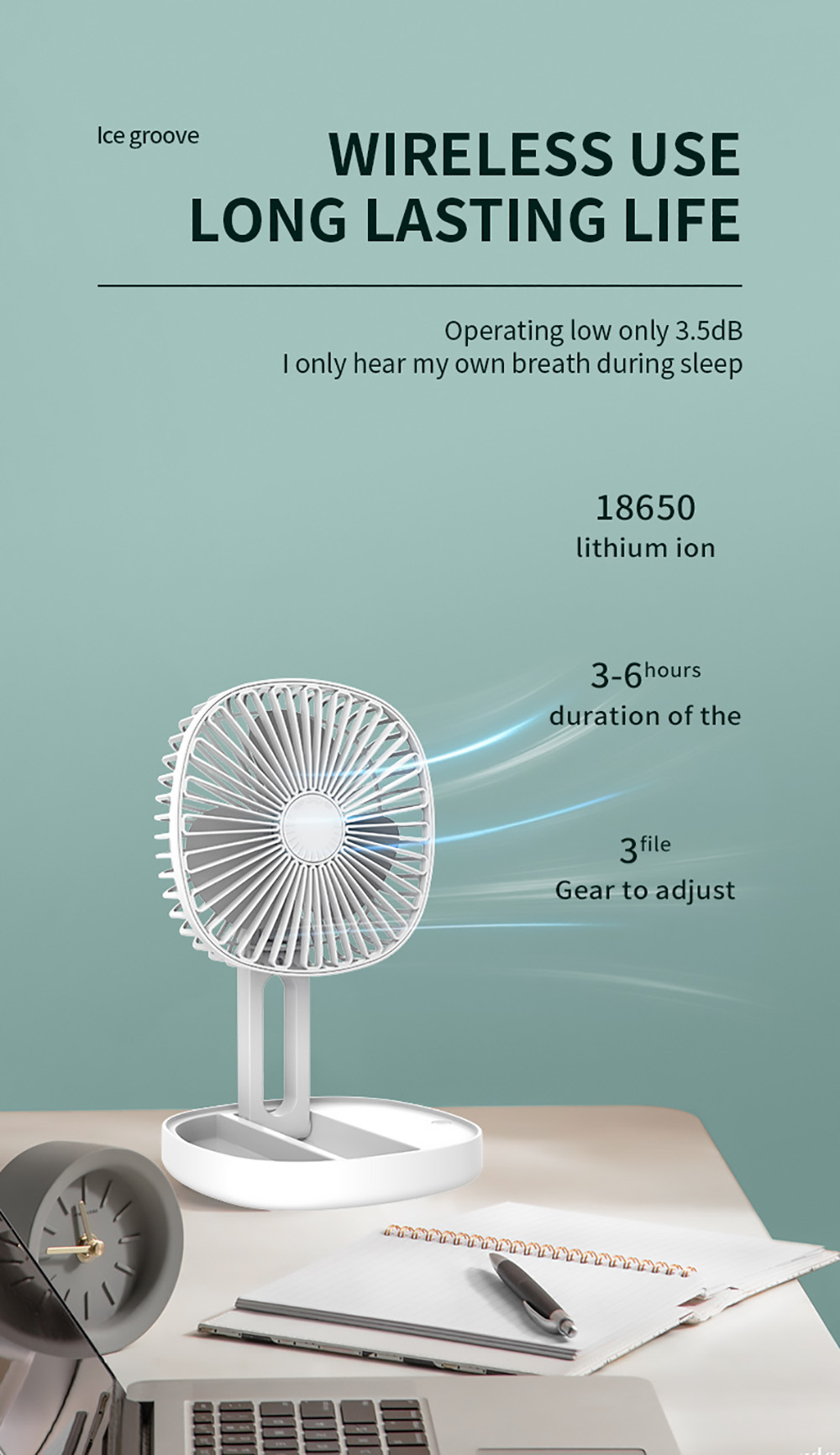 Multifunction Folding Fan, 3 Levels Speed, Aromatherapy Cooling Fan, 1200mAh Battery, USB Charging, Low Noise - White