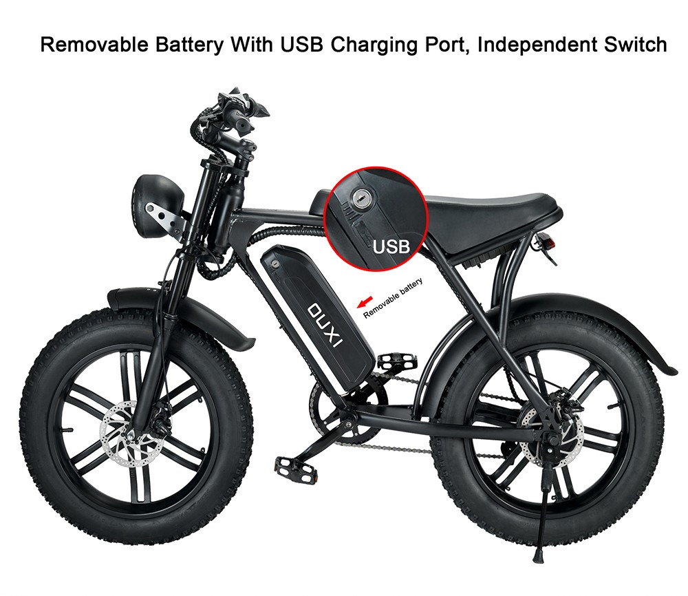 OUXI V8 Electric Bike 20*4.0 Inch Fat Tires 750W Motor 50Km/h Max Speed 48V 15Ah Battery Retro Ebike Max Load 150kg Dual Disc Brake Shimano 7-Speed Gear 30 OUXI V8 Electric Bike 15Ah Battery 750W Motor 20 Inch 48Km/h Max Speed Retro Ebike Max Load 150kg