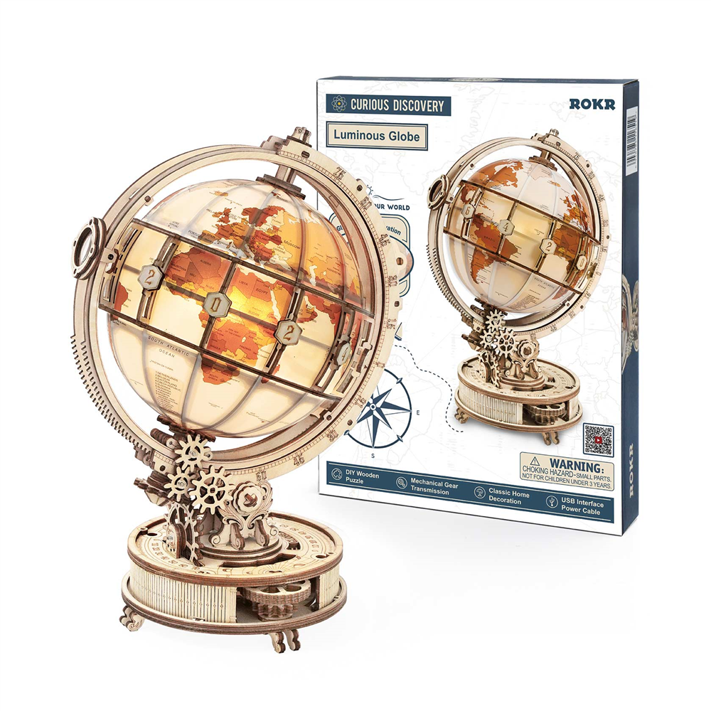 ROBOTIME ST003 ROKR Luminous Globe 3D Wooden Puzzle, LED Light Building Block Kit, 180Pcs