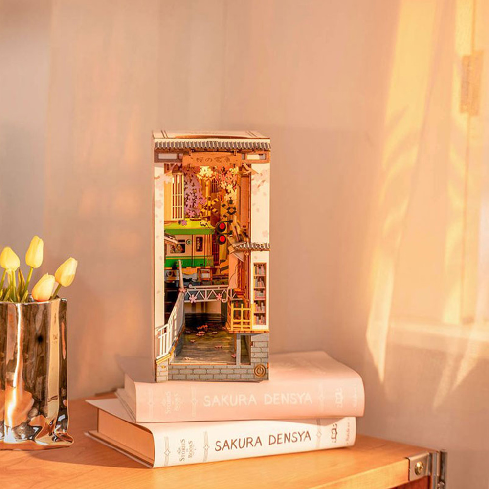 ROBOTIME TGB01 Rolife Sakura Densya 3D Wooden Puzzle DIY Miniature House Book Nook Kit, 340Pcs