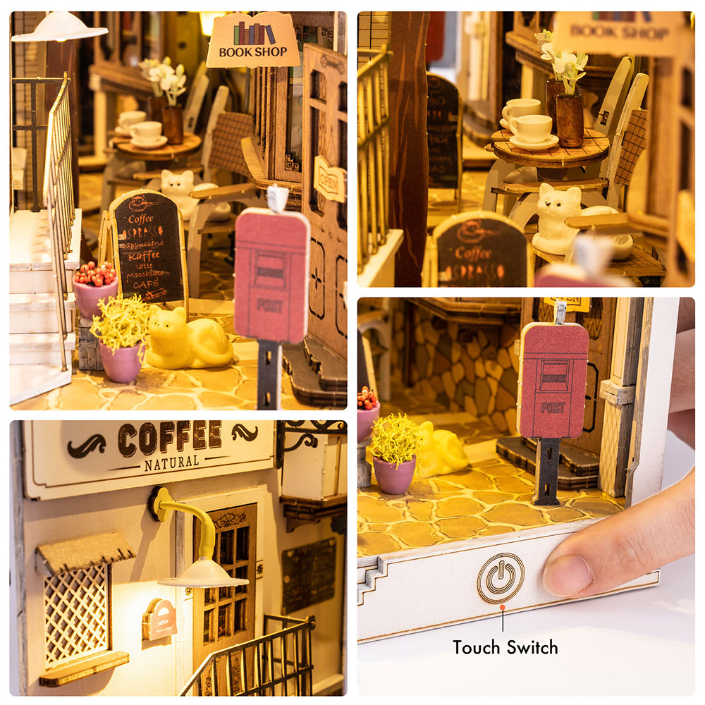 ROBOTIME TGB02 Rolife Sunshine Town 3D Wooden DIY Miniature House Book Nook Puzzle Kit, 246Pcs