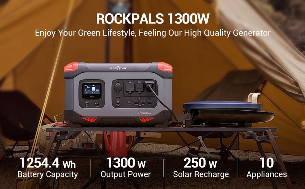 ROCKPALS Rockpower 1300W Portable Power Station, 1254.4Wh Solar Generator, 220W Fast Charging, Pure Sine Wave, MPPT Solar Controller