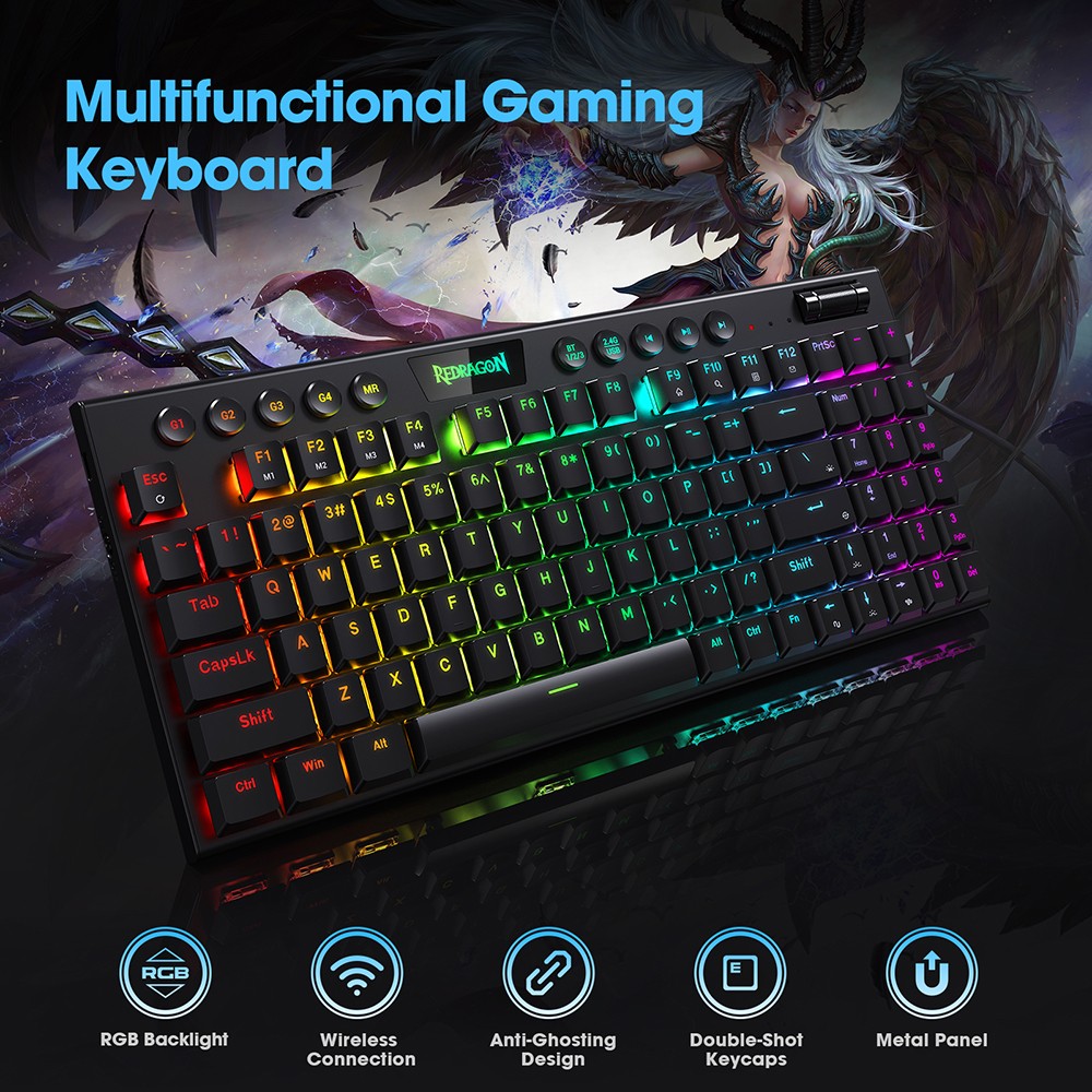 Redragon K625P-KBS Yi pro Wireless Bluetooth Tri-Mode RGB Mechanical Keyboard Ultra-Thin Low Profile Blue Switch - Black