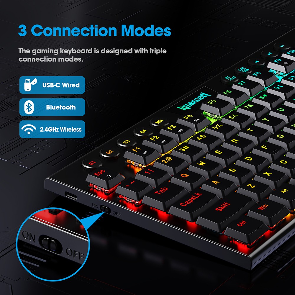 Redragon K625P-KBS Yi pro Wireless Bluetooth Tri-Mode RGB Mechanical Keyboard Ultra-Thin Low Profile Blue Switch - Black