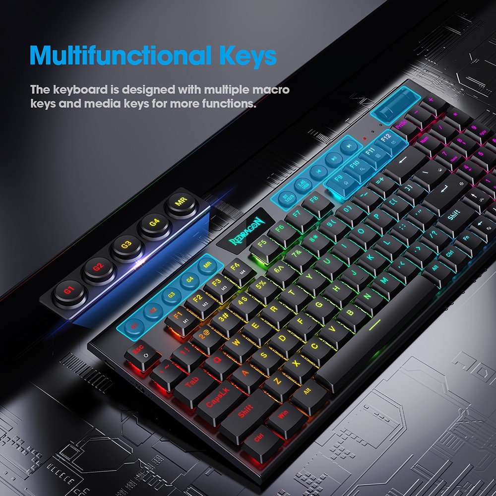 Redragon K625P-KBS Yi pro Wireless Bluetooth Tri-Mode RGB Mechanical Keyboard Ultra-Thin Low Profile Blue Switch - Black