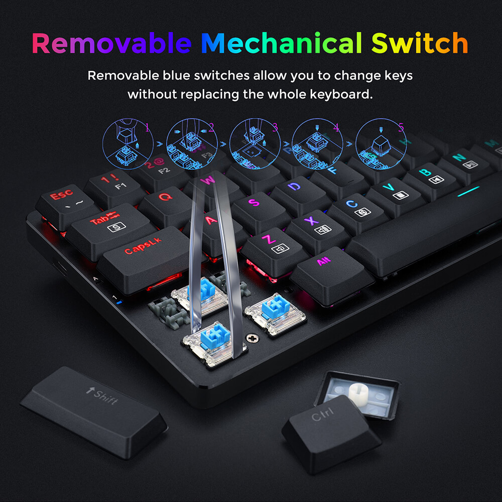 Redragon K626P-KB Ashe 78 Keys Wired RGB Compact Mechanical Keyboard Ultra-Thin with Numpad Blue Switch - Black
