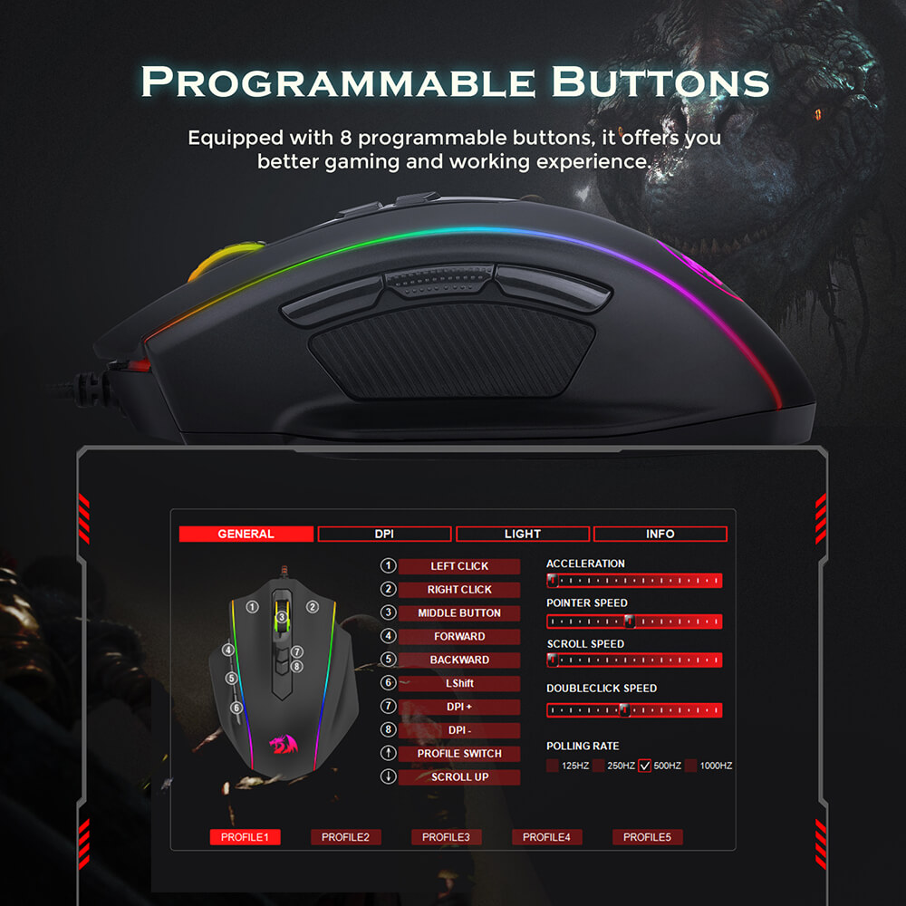 Redragon M720-RGB Vampire Wired Gaming Mouse, 10000 DPI, 7 Buttons Programmable, Built-in Weight Tuning - Black
