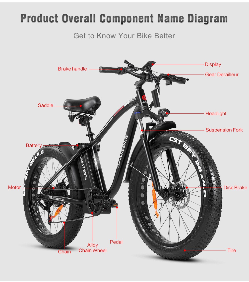 SAMEBIKE YY26 Electric Mountain Bike 26'' Tire 750W Brushless Geared Motor 15Ah Battery 35km/h Max Speed 7-Speed Shimano