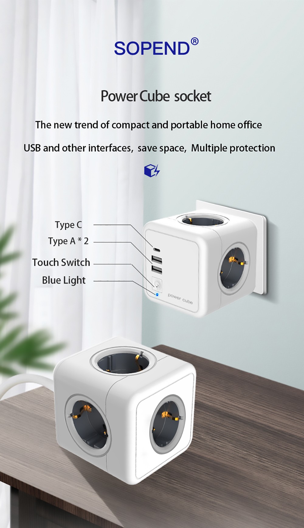 Sopend E02A Powercube Cordless Power Strip Socket, EU Plug, 2 USB-A Ports, 4 Outlets - Grey and White