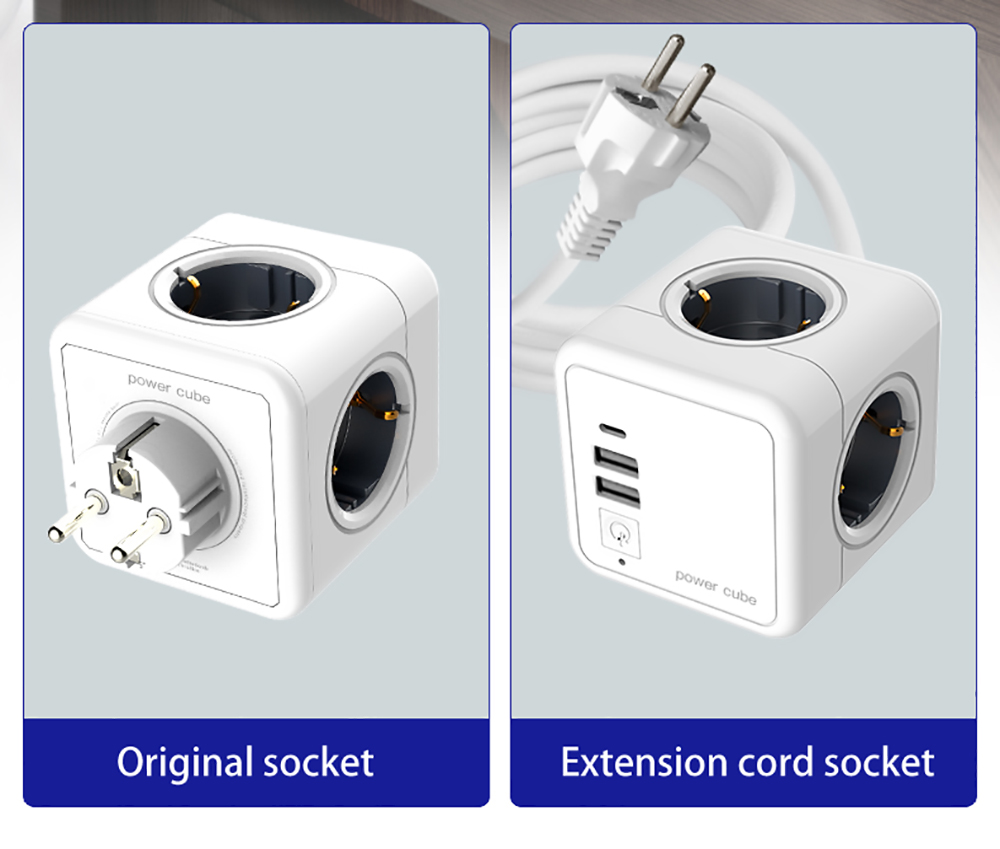Sopend E02A Powercube Cordless Power Strip Socket, EU Plug, 2 USB-A Ports, 4 Outlets - Grey and White
