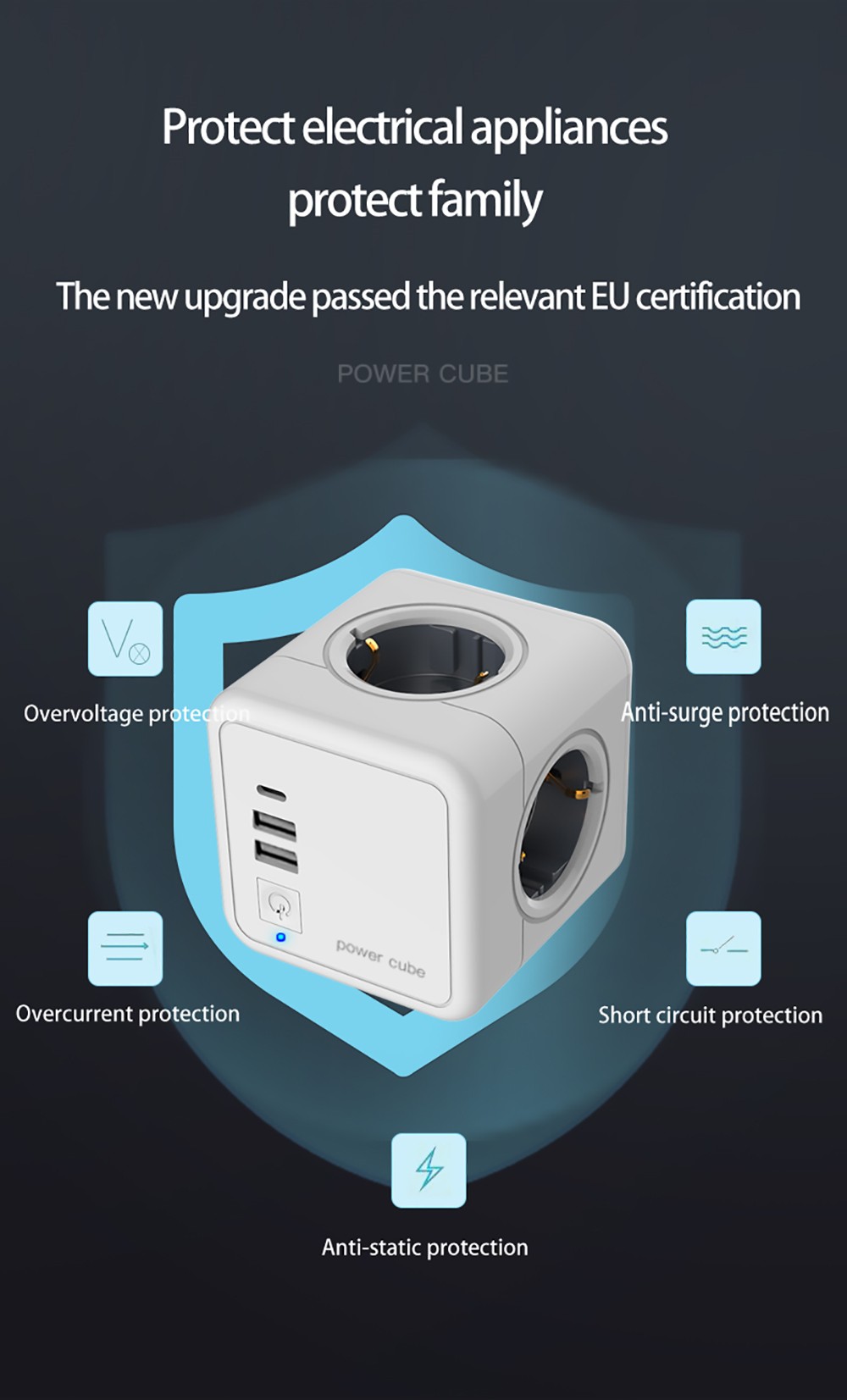 Sopend E02A Powercube Cordless Power Strip Socket, EU Plug, 2 USB-A Ports, 4 Outlets - Grey and White