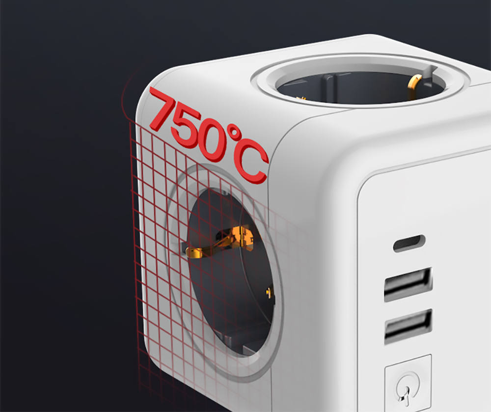 Sopend E02C Powercube Cordless Power Strip Socket with Switch, EU Plug, 3 USB Ports, 4 Outlets - Grey and White