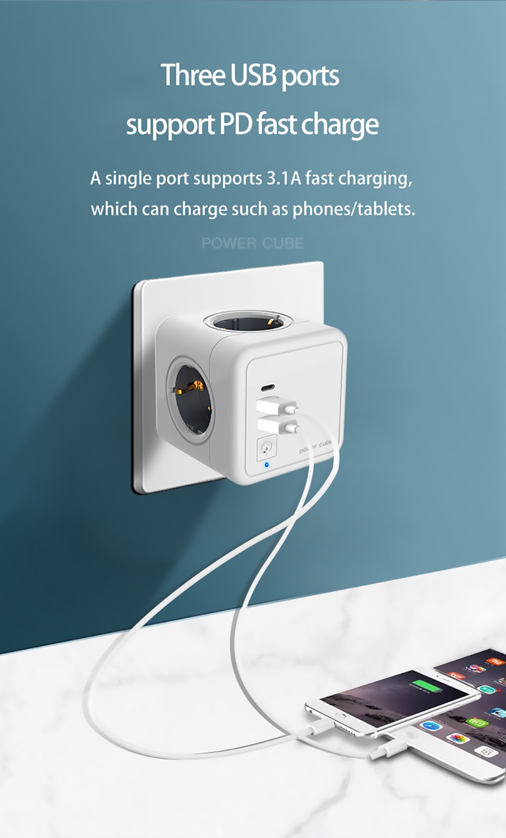 Sopend E02C Powercube Cordless Power Strip Socket with Switch, EU Plug, 3 USB Ports, 4 Outlets - Grey and White