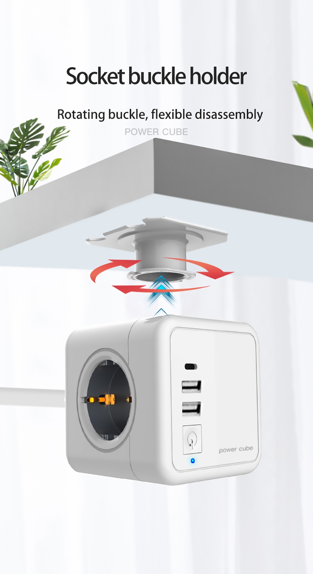 Sopend E03 Multifunctional Powercube Power Strip Socket, EU Plug, 1.5m Extension Cord, 5 Outlets - Grey and White