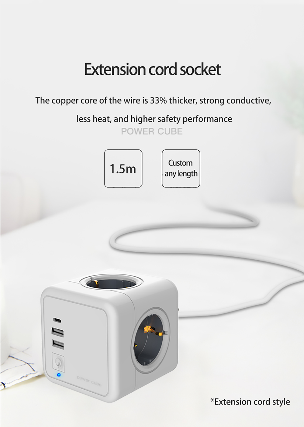 Sopend E04A Multifunctional Powercube Power Strip Socket, EU Plug, 1.5m Extension Cord, 4 Outlets, 2 USB-A Ports - Grey and White