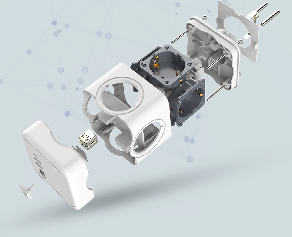 Sopend E04C Powercube Power Strip Socket with Switch, EU Plug, 1.5m Extension Cord, 2 USB-A Ports, 1 USB-C Port - Grey and White