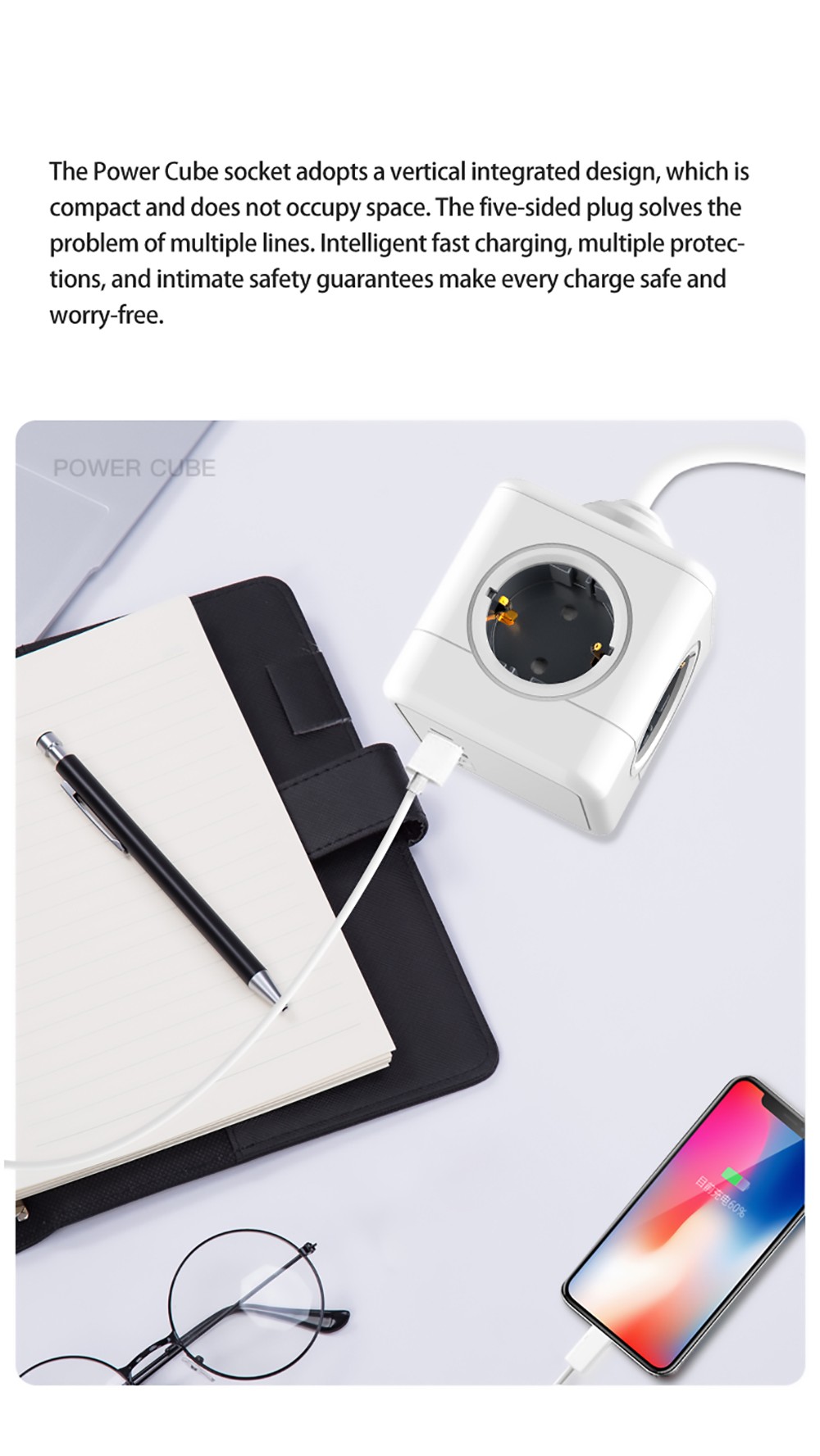 Sopend E04C Powercube Power Strip Socket with Switch, EU Plug, 1.5m Extension Cord, 2 USB-A Ports, 1 USB-C Port - Grey and White