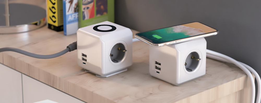 Sopend E07 Powercube Power Strip Socket, EU Plug, 15W Wireless Charging, 3 USB Ports, 3 Outlet, 1.5m Cord - Grey and White