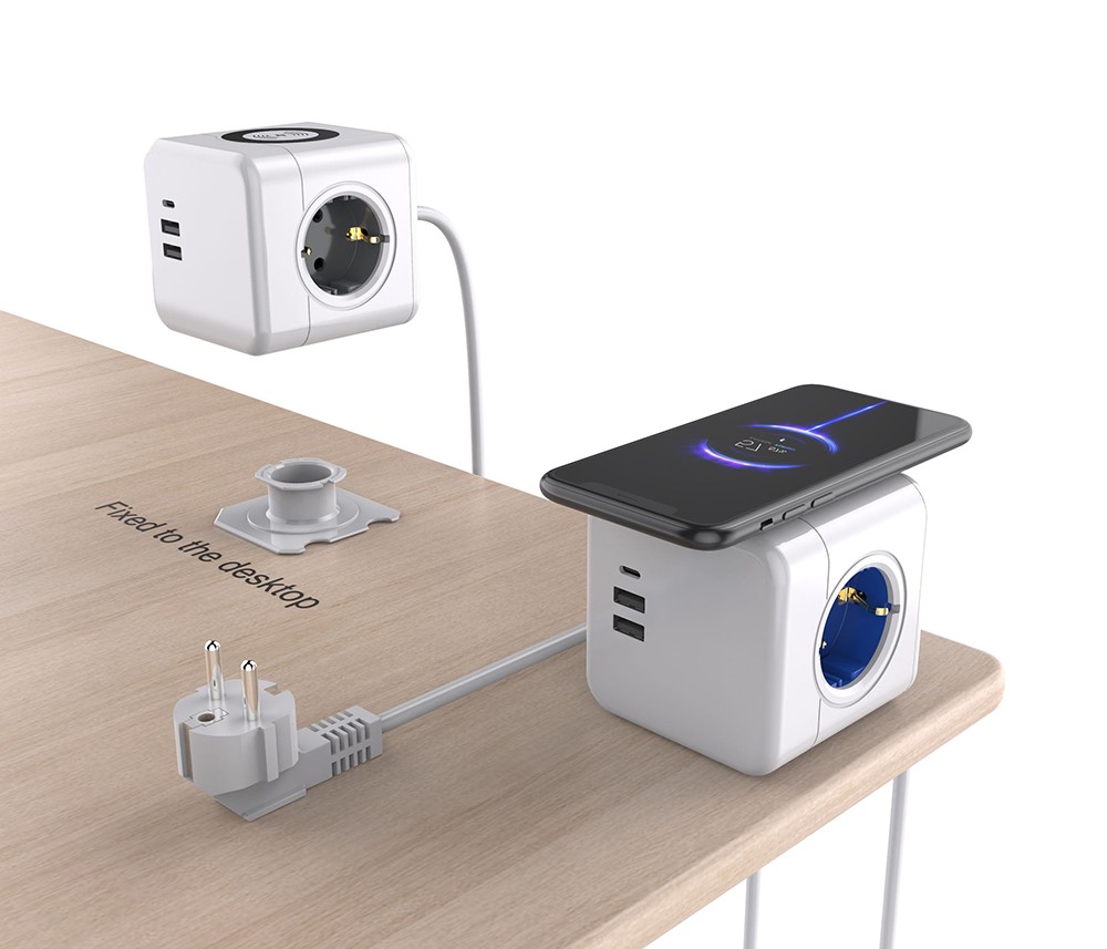 Sopend E07 Powercube Power Strip Socket, EU Plug, 15W Wireless Charging, 3 USB Ports, 3 Outlet, 1.5m Cord - Grey and White