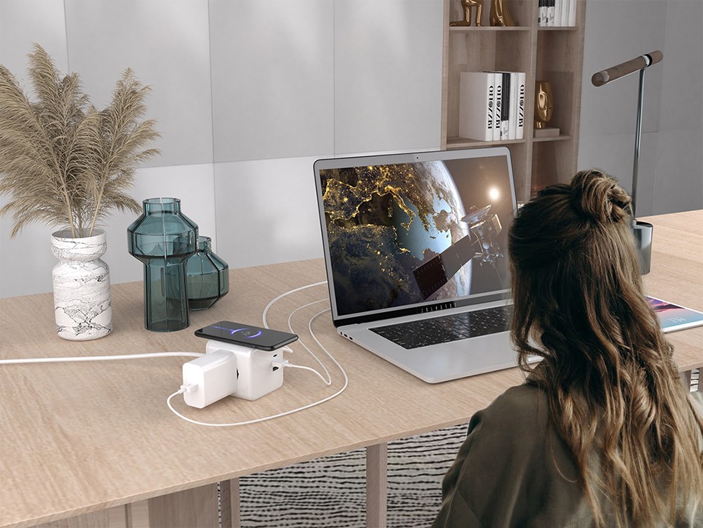 Sopend E07 Powercube Power Strip Socket, EU Plug, 15W Wireless Charging, 3 USB Ports, 3 Outlet, 1.5m Cord - Grey and White