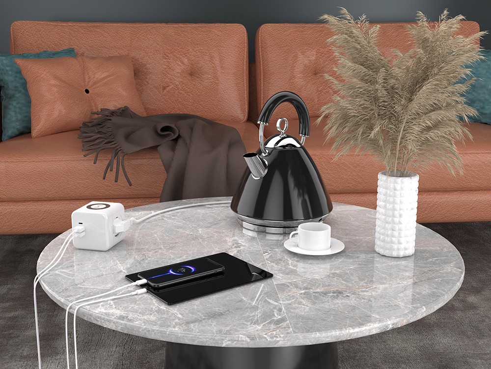 Sopend E07 Powercube Power Strip Socket, EU Plug, 15W Wireless Charging, 3 USB Ports, 3 Outlet, 1.5m Cord - Grey and White