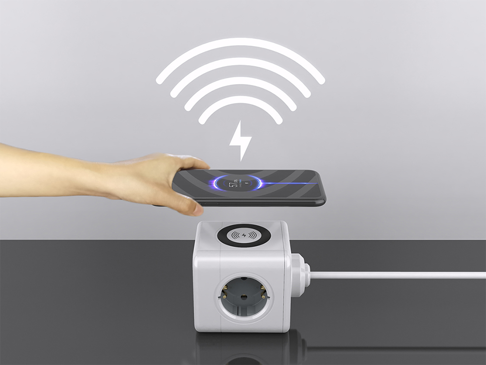 Sopend E07 Powercube Power Strip Socket, EU Plug, 15W Wireless Charging, 3 USB Ports, 3 Outlet, 1.5m Cord - Grey and White