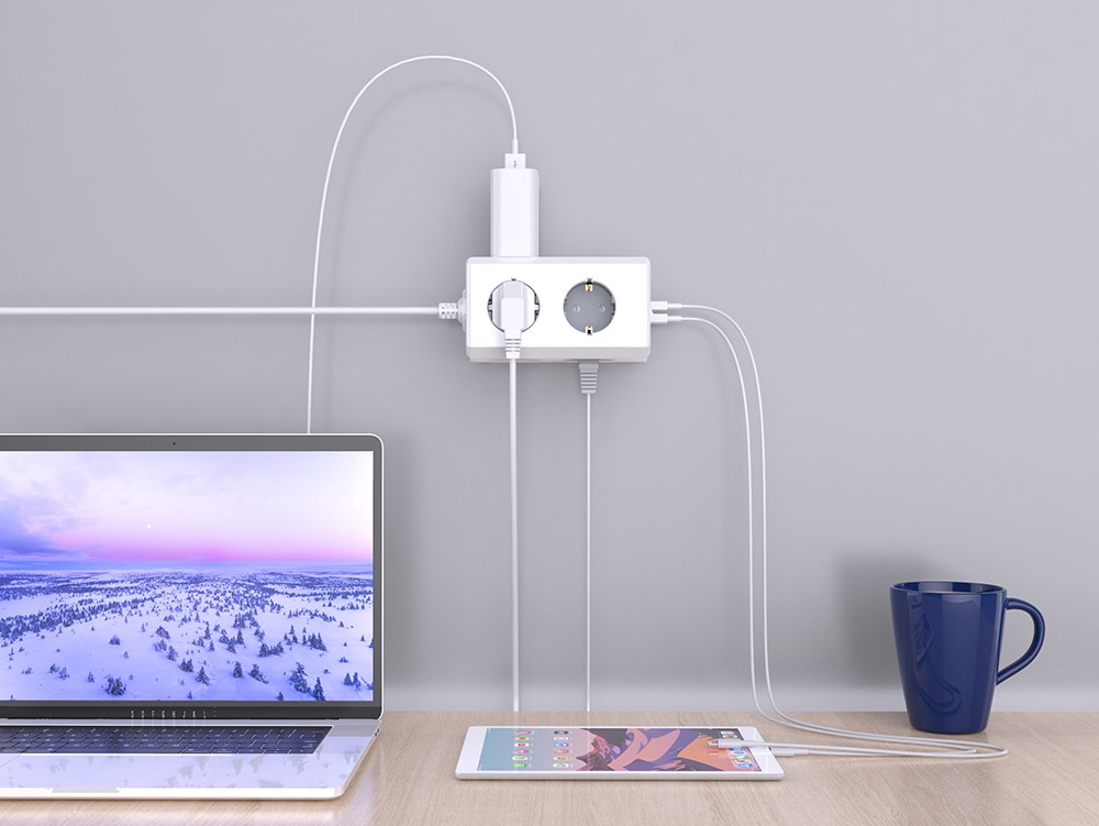 Sopend E08 Powercube Tower Power Strip Socket with Switch, EU Plug, 1.5m Extension Cord, 4 USB Ports, 6 Outlet - Red