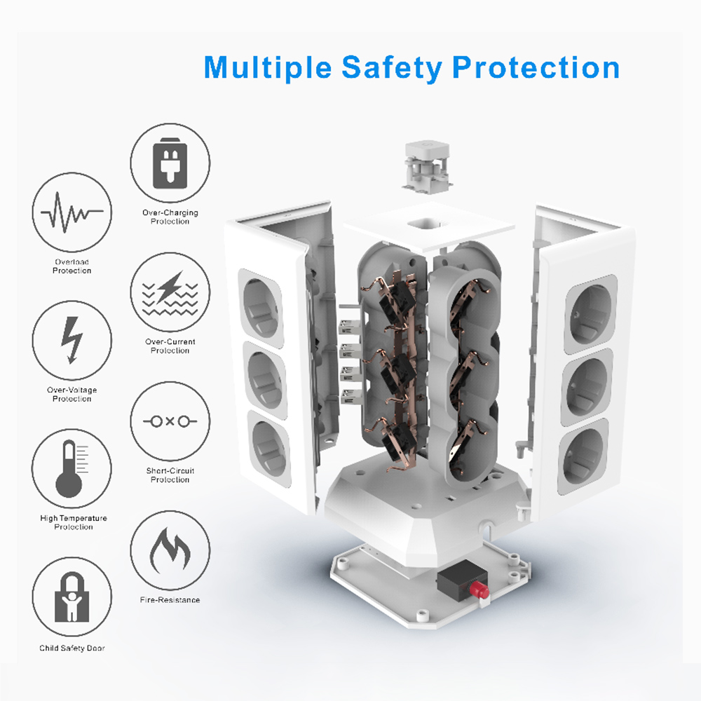 Sopend E11 Vertical Tower Power Strip Socket with EU Plug, 4 USB Ports, 12 AC Outlets Power Socket with 2m Cable