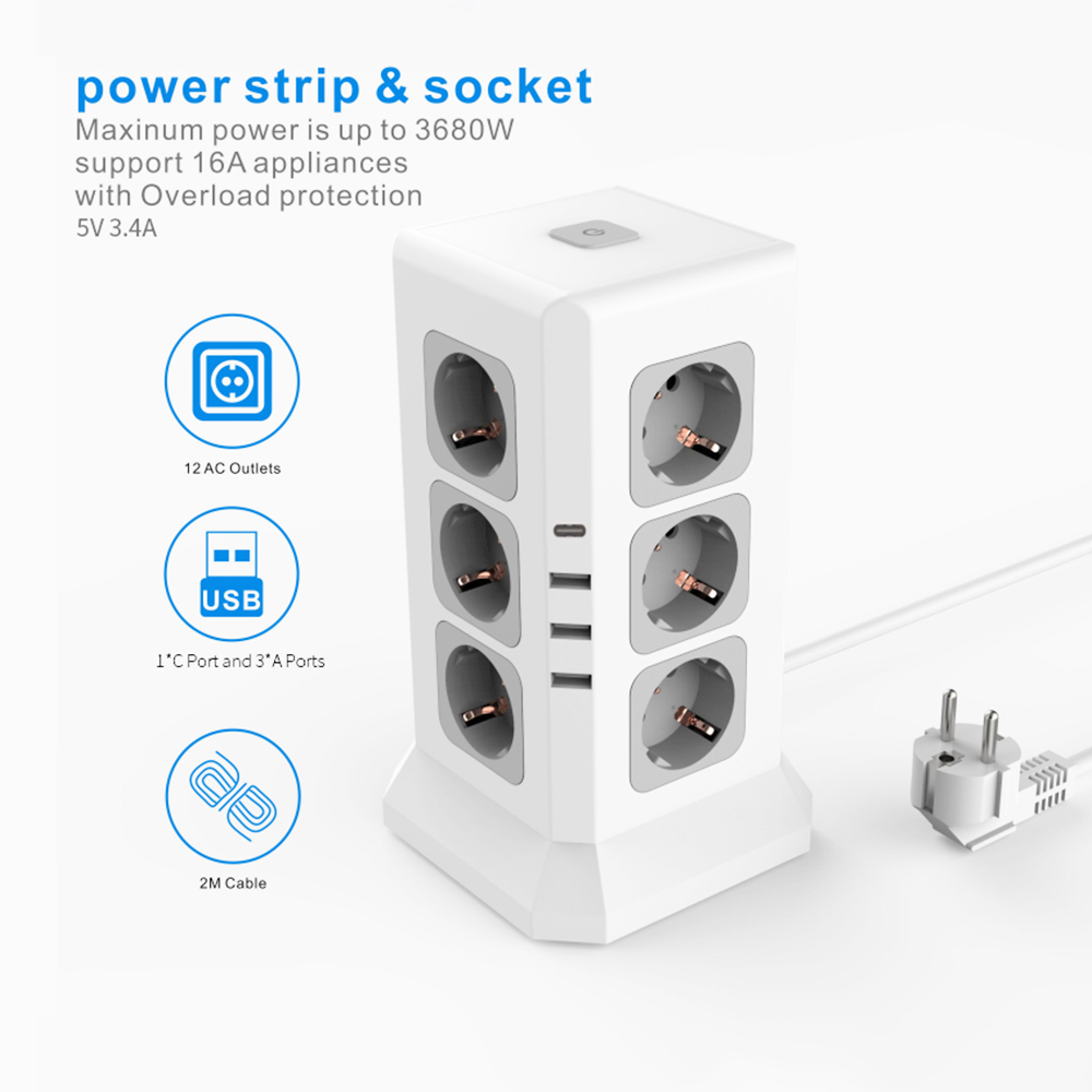 Sopend E11 Vertical Tower Power Strip Socket with EU Plug, 4 USB Ports, 12 AC Outlets Power Socket with 2m Cable