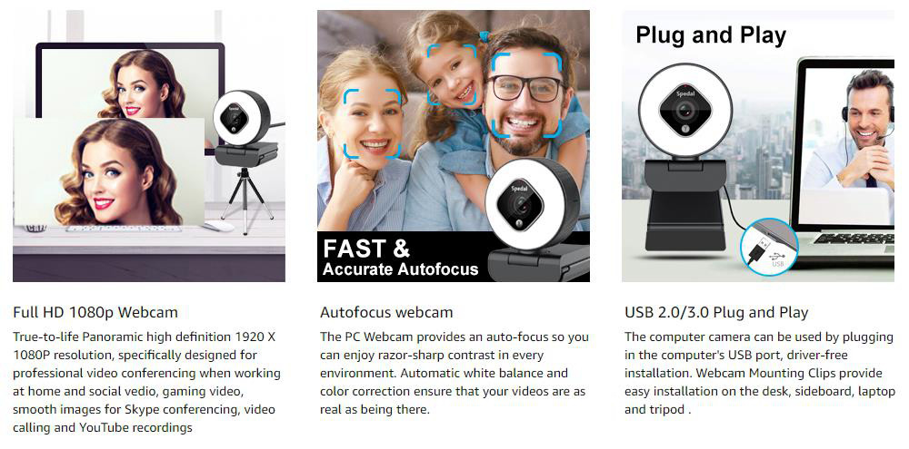 Spedal AF962 Webcam HD1080P s kruhovým svetlom a zoom objektívom, 3 úrovne nastaviteľného jasu, so statívom a mikrofónmi