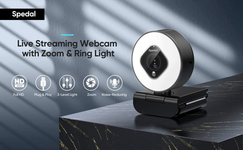 Spedal AF962 Webcam HD1080P with Ring Light and Zoom Lens, 3 Level Adjustable Brightness, with Tripod and Microphones