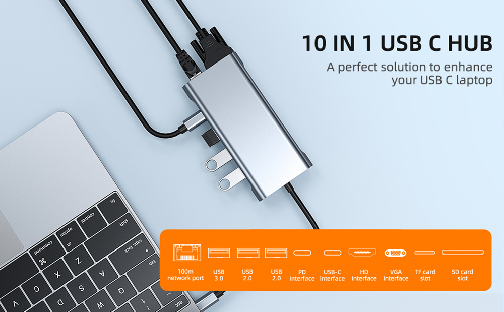 Type-C Hub 10 in 1 USB C to 4K HDMI+RJ45+PD 100W Charge+USB3.0+VGA+SD/TF card reader Dock for MacBook Windows Laptop