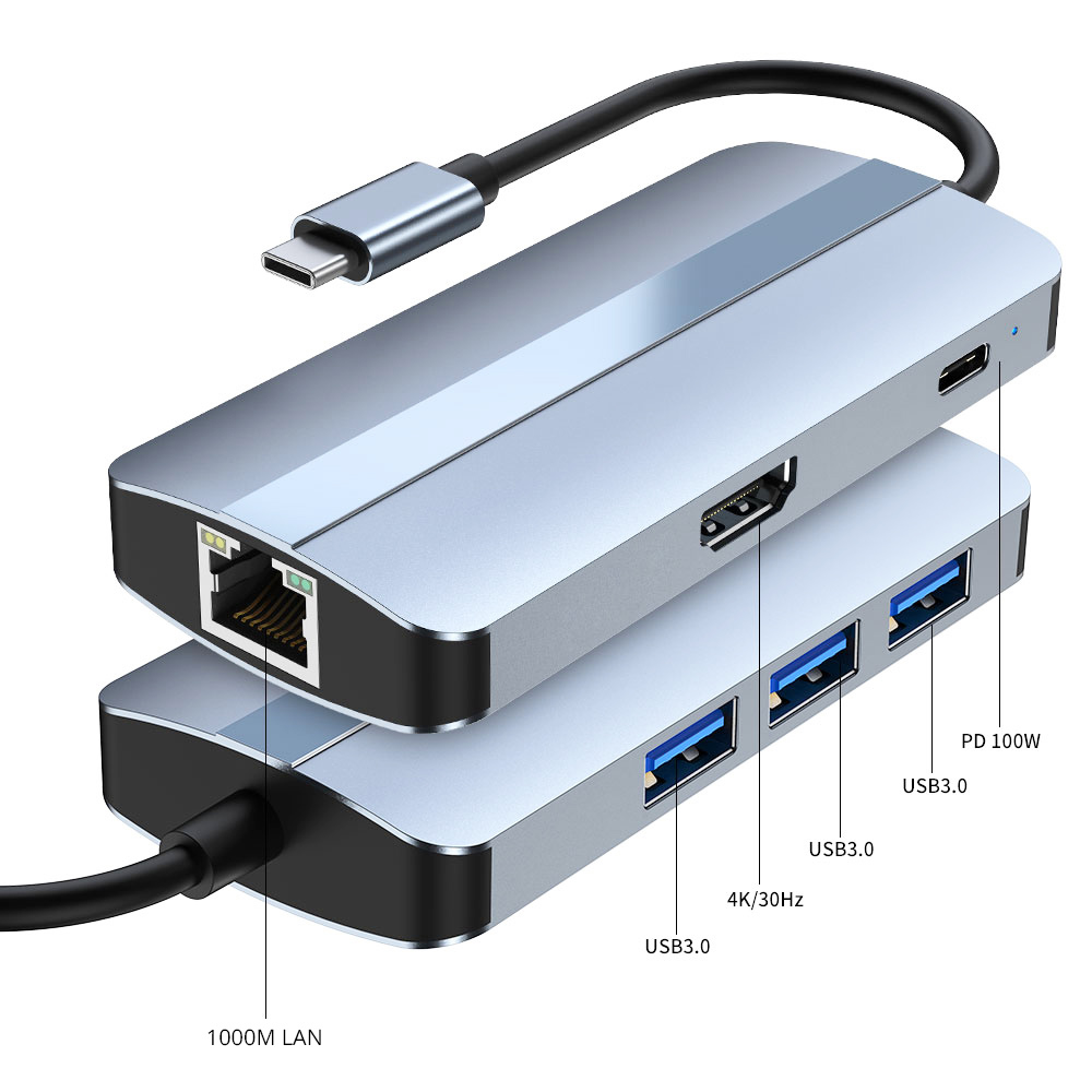 Type-C Hub 6 in 1 USB C to 4K HDMI+1000M RJ45+PD 100W Charge+USB 3.0*3 Dock for MacBook Windows Laptop