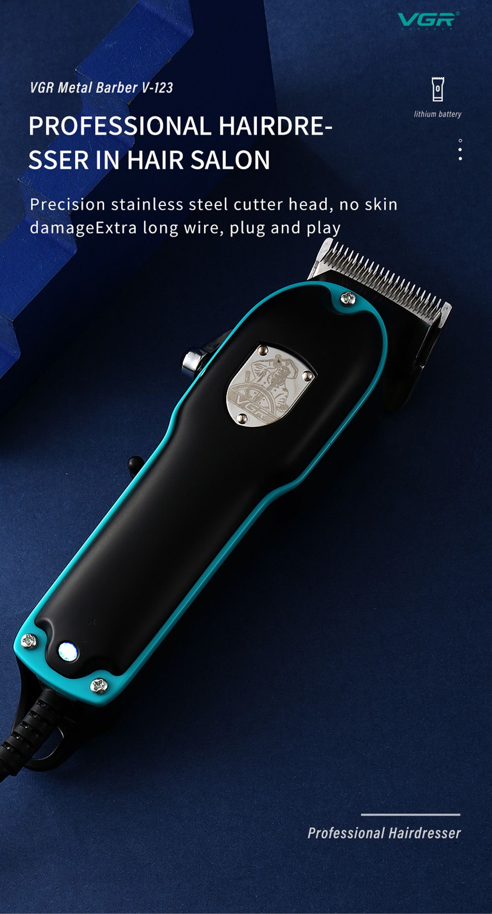 VGR V-123 Wired Electric Hair Clipper with 4 Guide Combs, Haircut Machine Barber Trimmer - EU Plug