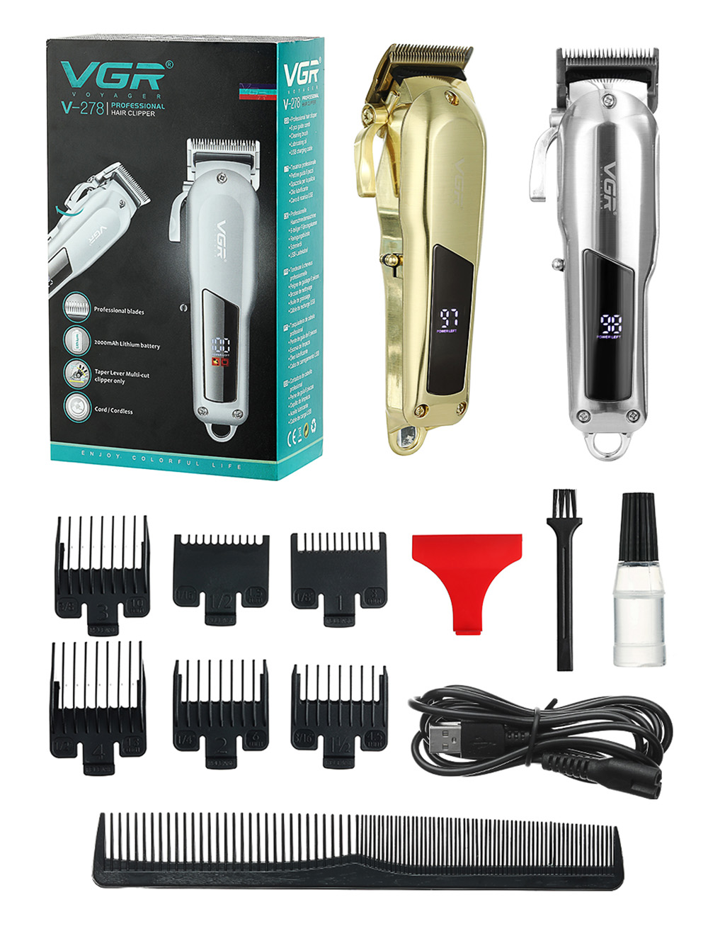 VGR V-278 Rechargeable Electric Hair Clipper, Cordless Hair Trimmer Haircut Machine, 2000mAh Battery, LED Display, 180min Runtime - Golden